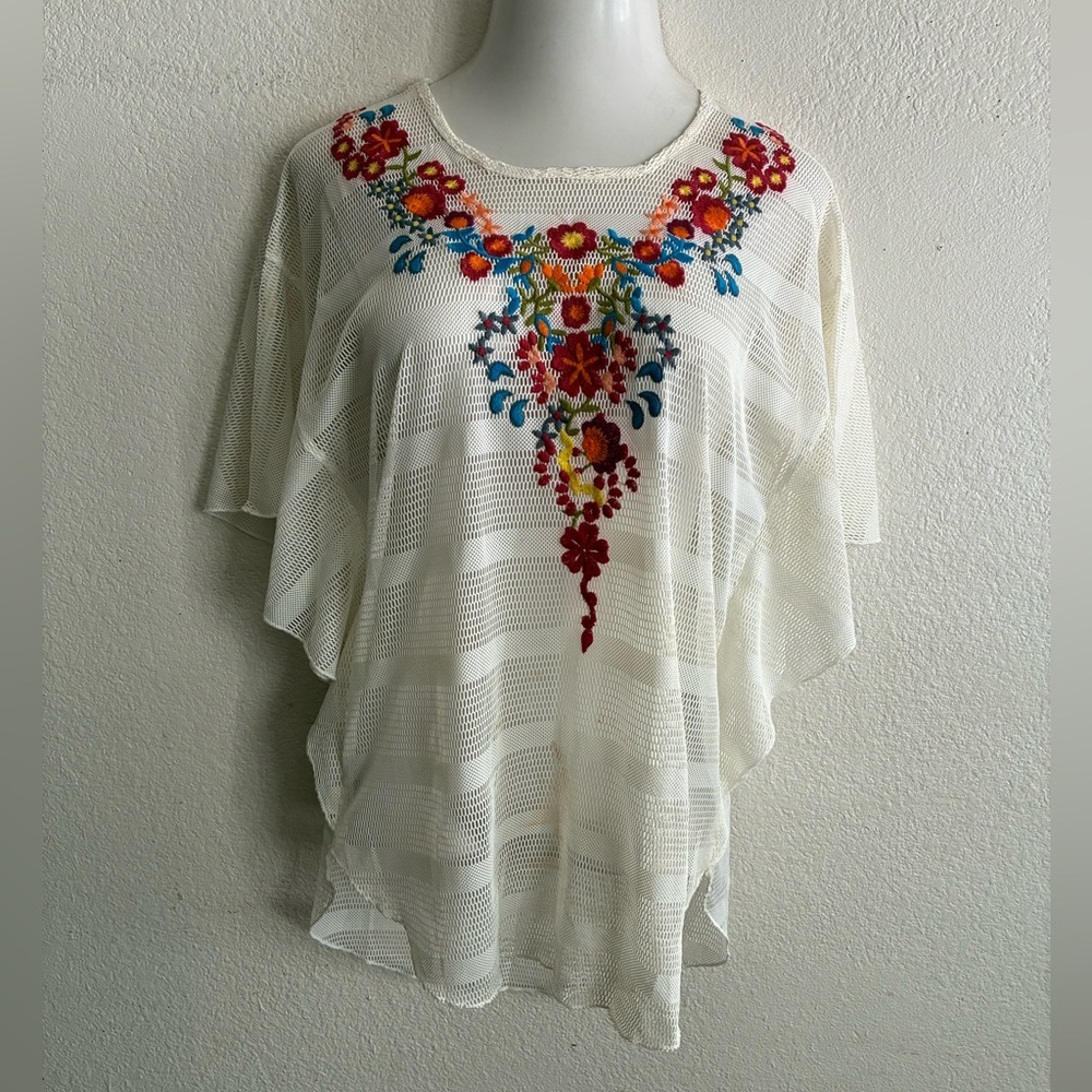 Dor Dor Couture Embroidered Dolman Sleeve Artsy Blouse Top White M